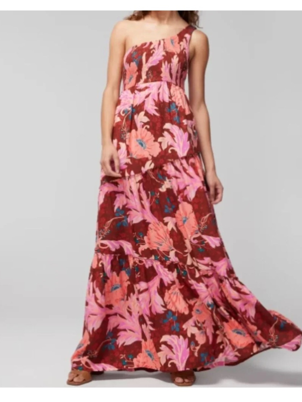 Soma Weekend Floral One-shoulder Dress Womens Large Tiered Tropical Smocked NEW